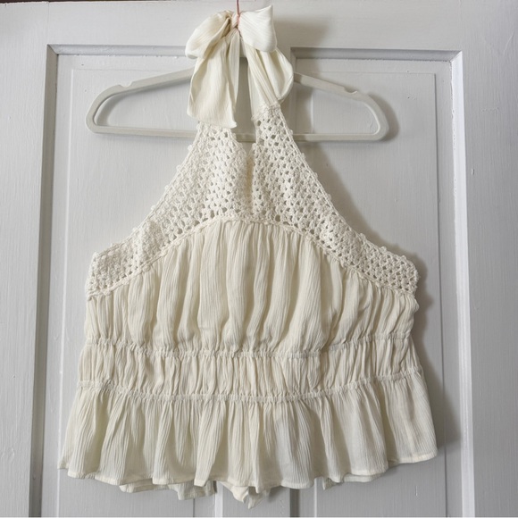 NWT Anthropologie Sarah Hann Ivory Crochet Halter Peplum Top XL Boho - Picture 5 of 14